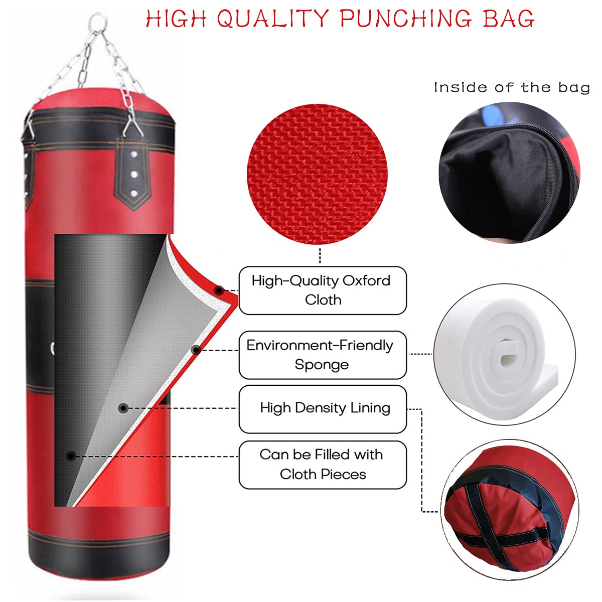 ZERUIDM Hanging Punching Bag Set Unfilled, Heavy Boxing Bag for Adults, Kickboxing Boxing Set with Hand Wraps, Punching Bag Hangers, for MMA Muay Thai Karate Taekwondo Training