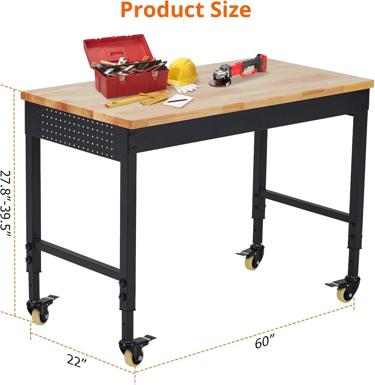 60" Adjustable Garage Workbench with Wheels, 2000LB Capacity, Hardwood Top, Power Outlets, Heavy Duty Work Table for Workshop, Home Office, Tools