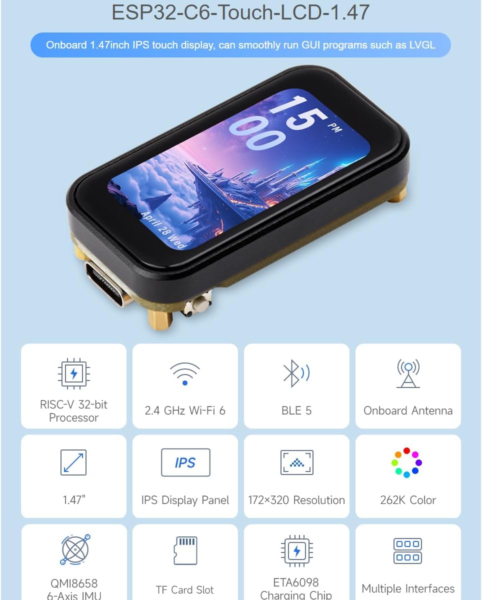 waveshare ESP32-C6 1.47inch 172320 262K 6(802.11 5 Capacitive Touch Display Development Board with pre-soldered Header