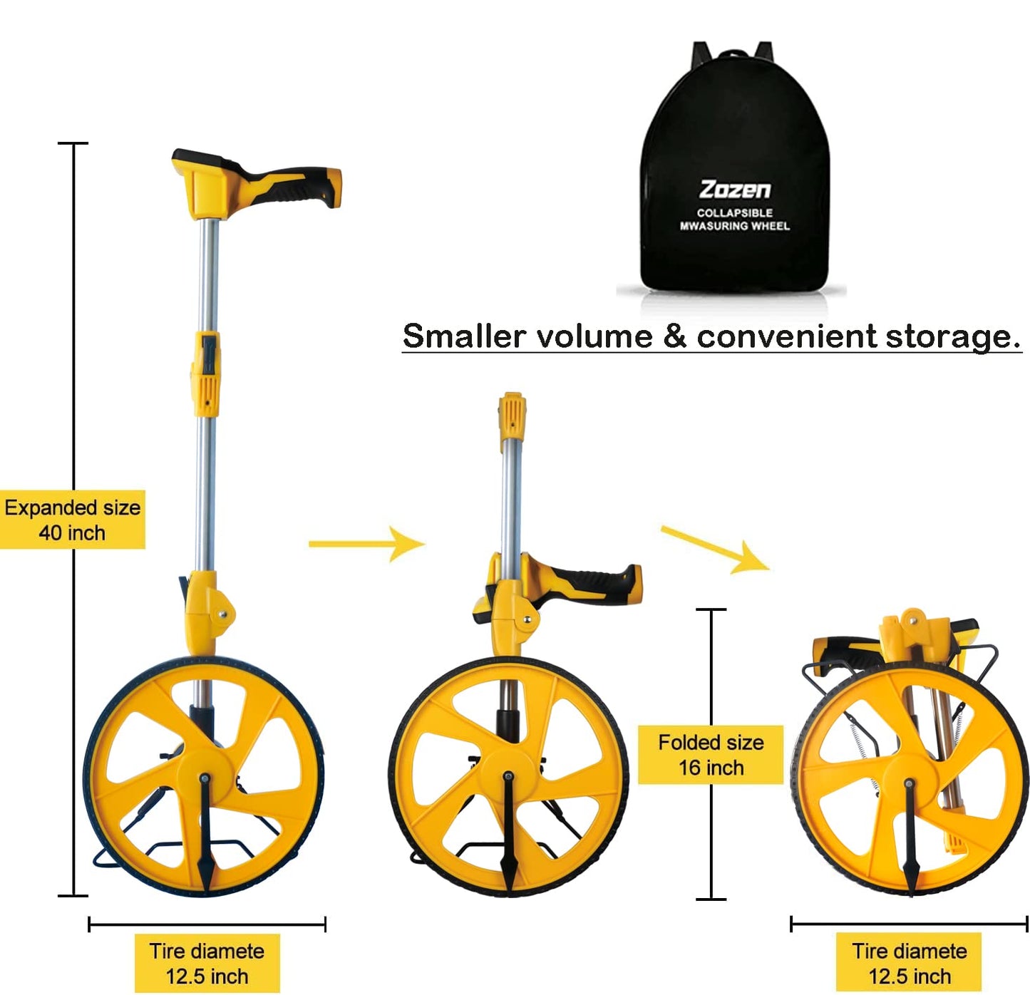 Zozen Measuring Wheel Digital Display, 3-Sections Foldable, Imperial/Metric Measure Wheel with Backlit Display | Up to 99,999Ft/ 99,999M | Kickstand to Keep Stand |Portable, Include Cloth Backpack.