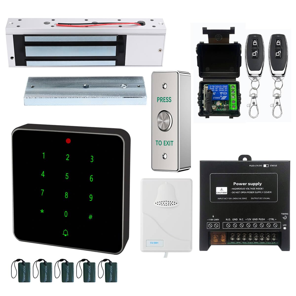 Electric Magnetic Lock Kit 1200lb Electromagnetic Lock Waterproof RFID Keypad with Press to Exit Button Doorbell Chime and Remote Control for Door Access System