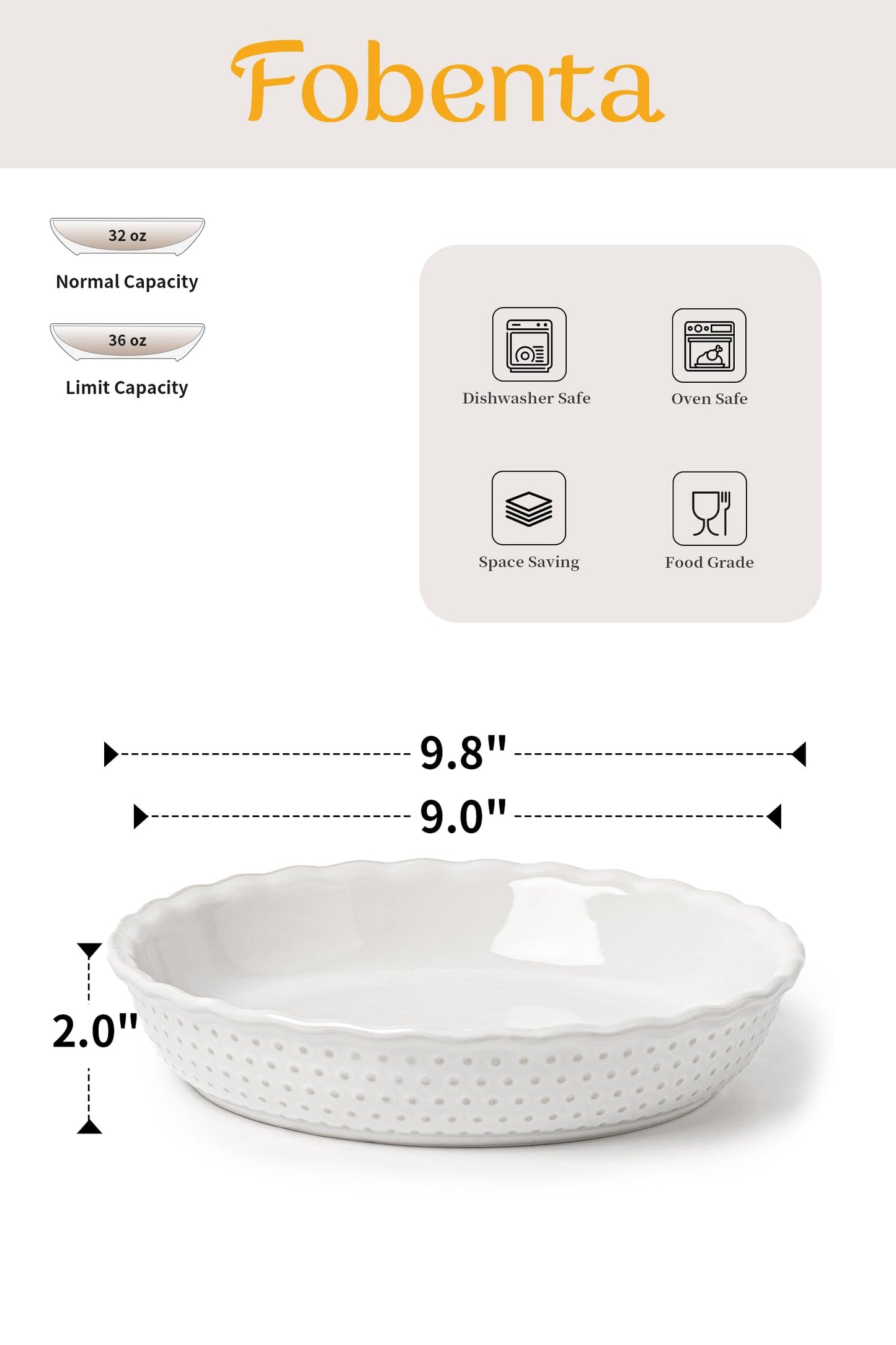 FOBENTA Ceramic Pie Dish Set of 2,9 Inch Deep Baking Dishes, 36oz Each,Embossed Floral & Dotted Pattern Pie Plates,Oven, Microwave & Dishwasher Safe–Elegant Kitchen Gift Set