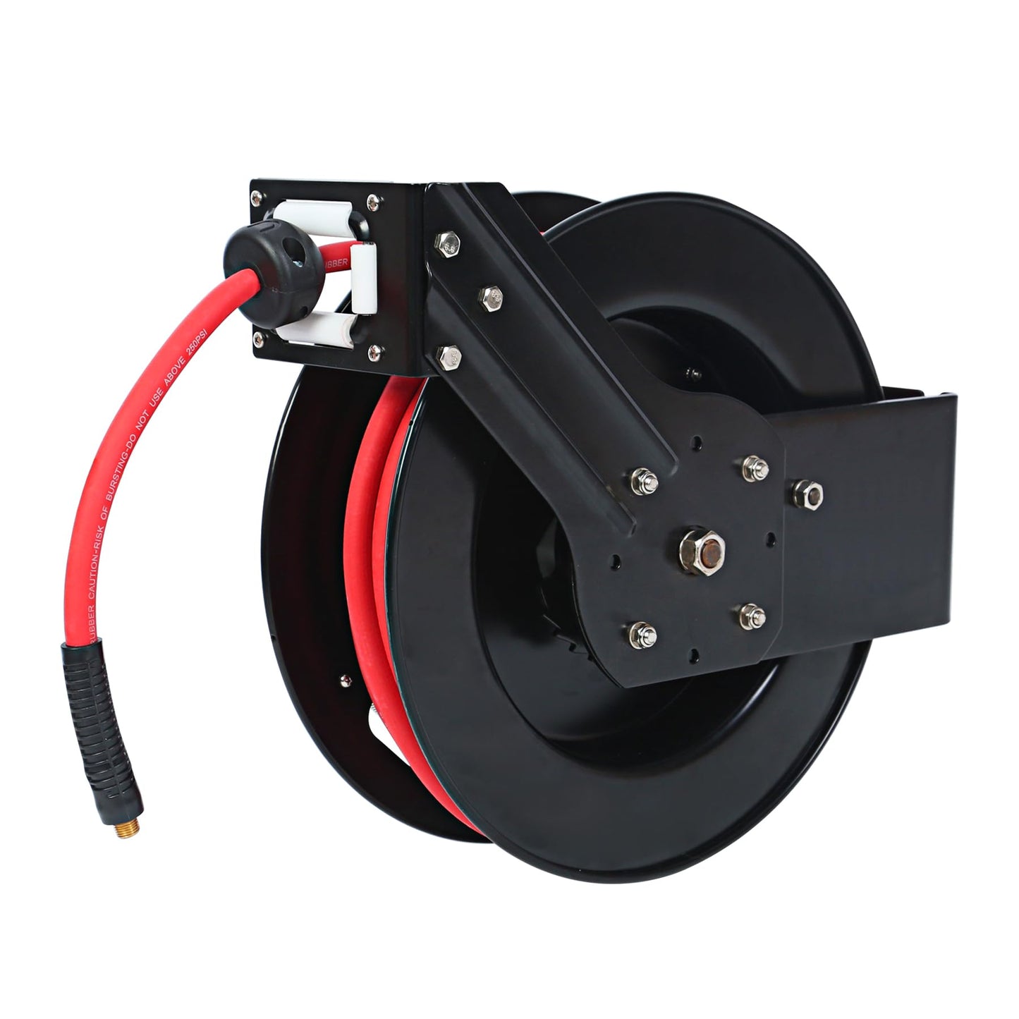 MaxWorks 50 Foot Auto Rewind Retractable Air Hose Reel with 3/8" Rubber Hose 250 PSI Heavy Duty Steel Spring Multi Position Ratchet and Solid Brass Fittings for Garage and Workshop (80720)