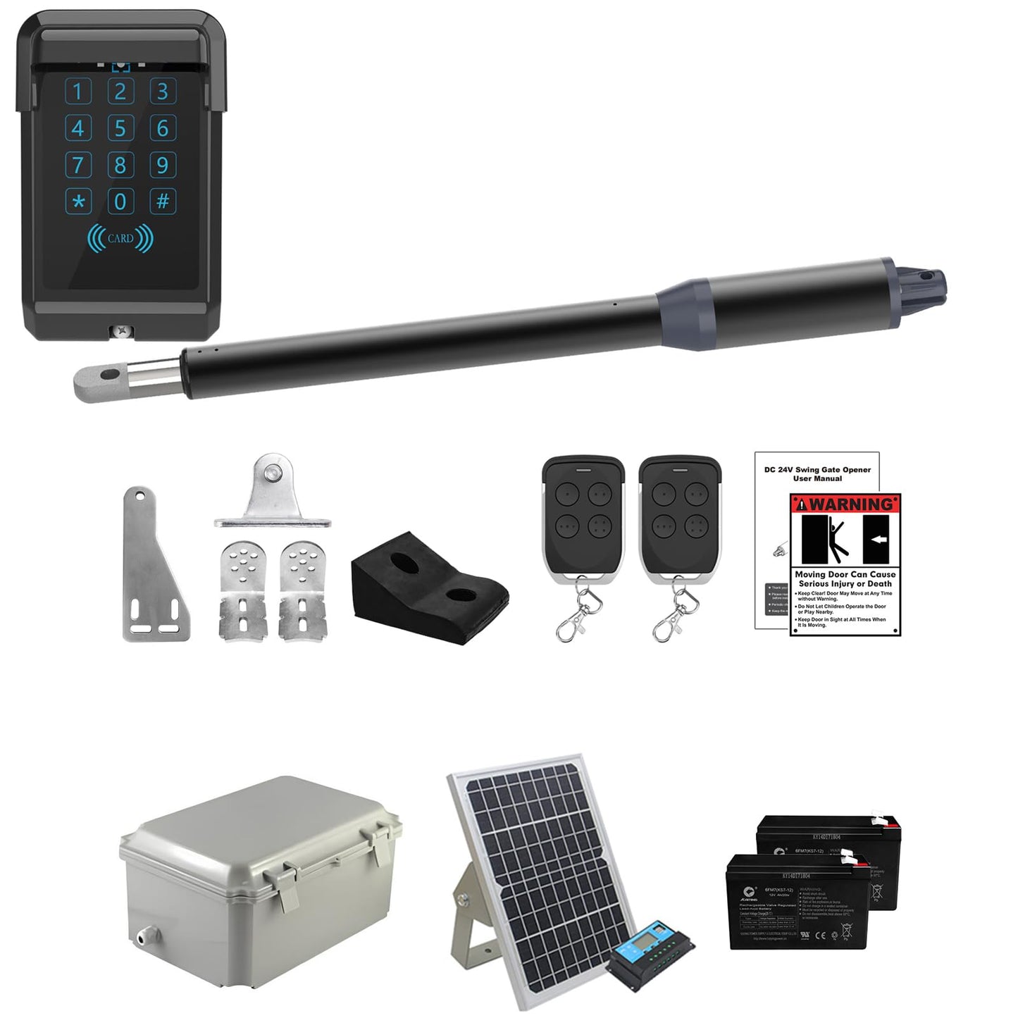 GYXEL Solar Single Gate Opener with Batteries & Solar Panel + Wireless Gate Keypad for Single Swing Gates Up to 440lb with Remote Complete Kit PKM-C01-L