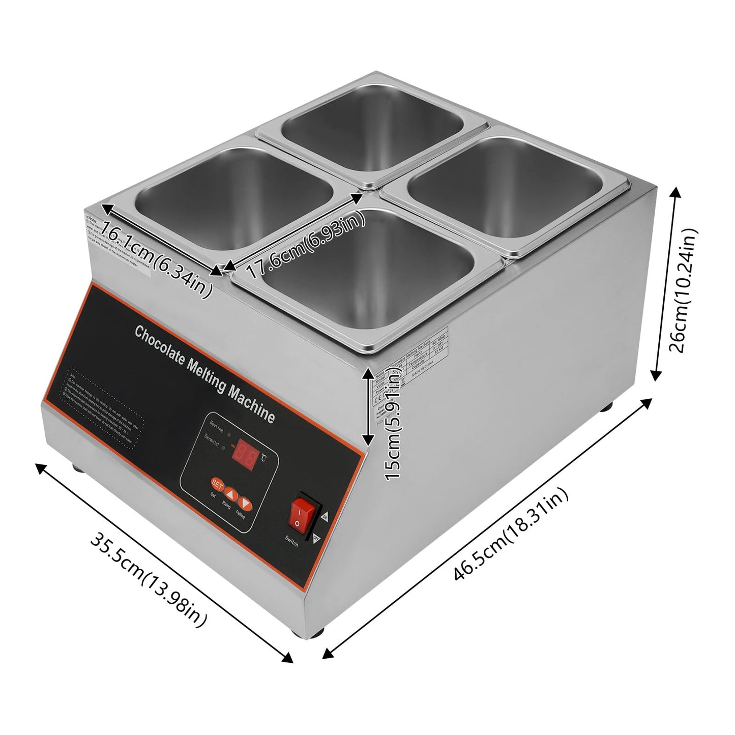 Electric Chocolate Melter 26.46 LB Capacity, Stainless Steel Chocolate Melting Machine with Digital Temperature Control, Commercial Chocolate Warmer for Bakery Catering (4 Pots)
