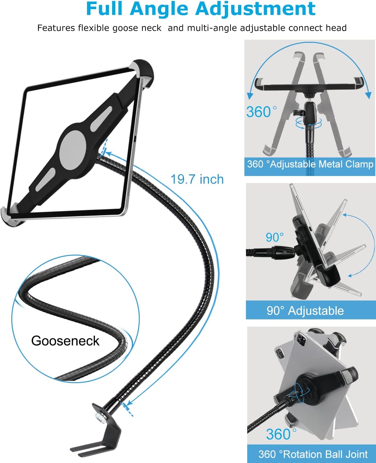 woleyi 1/4'' (9.5-14.5) Car Seat Rail Tablet Mount for Truck, Aluminum Gooseneck Car Floor Bolt Tablet Holder Camera