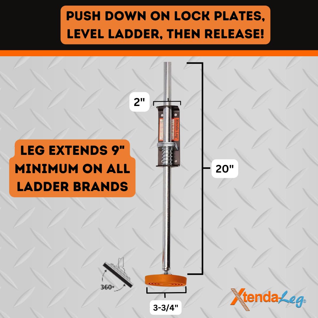 Xtenda-Leg® Ladder Leveler - Rubber Feet, Perfect for Extension Ladders, Stabilizer Attachments for Safe Use - Stable Platform for Uneven Ground - Easy Installation - OSHA Approved - 1 Pair