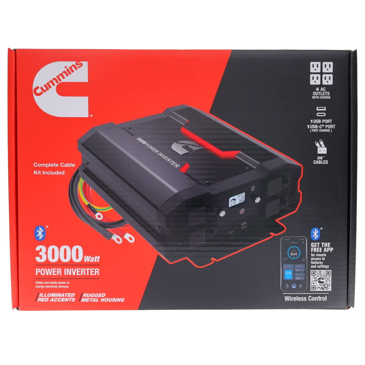 Cummins 3000 Watts Inverter Modified Sine Wave Truck Inverter 12 Volts to 110 Volts Four AC Outlets Two USB Ports (Plus Cable Kit)- CMN3000W - Inverters for Vehicles, Van Life, Camping