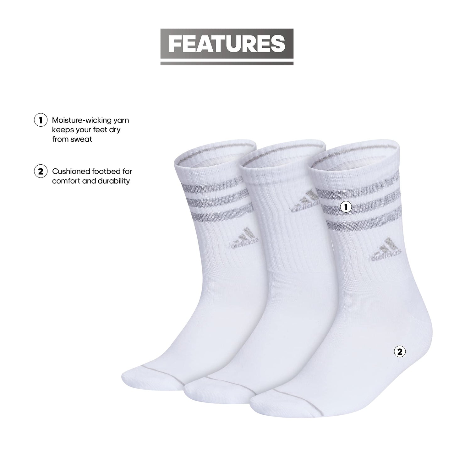 adidas Women's Crew Socks with Arch Compression 3-Pack, Comfortable, Sweat-Wicking, Stylish 3-Stripe