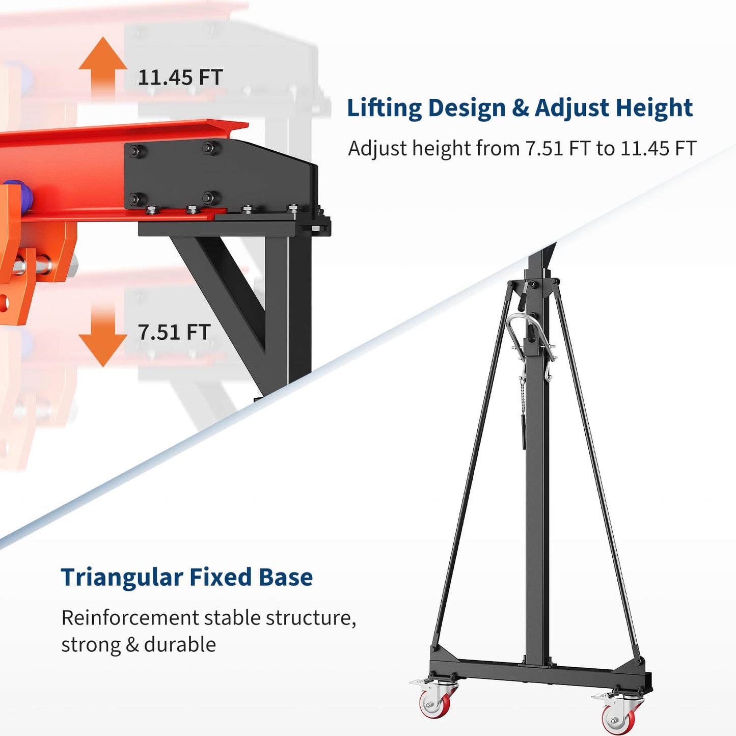 1 Ton Gantry Crane, 2200 LBS Adjustable Gantry Crane with 8-12 ft Height, Shop Lift Hoist with Manual Trolley, Hook & Shackles for Warehouse, Factory