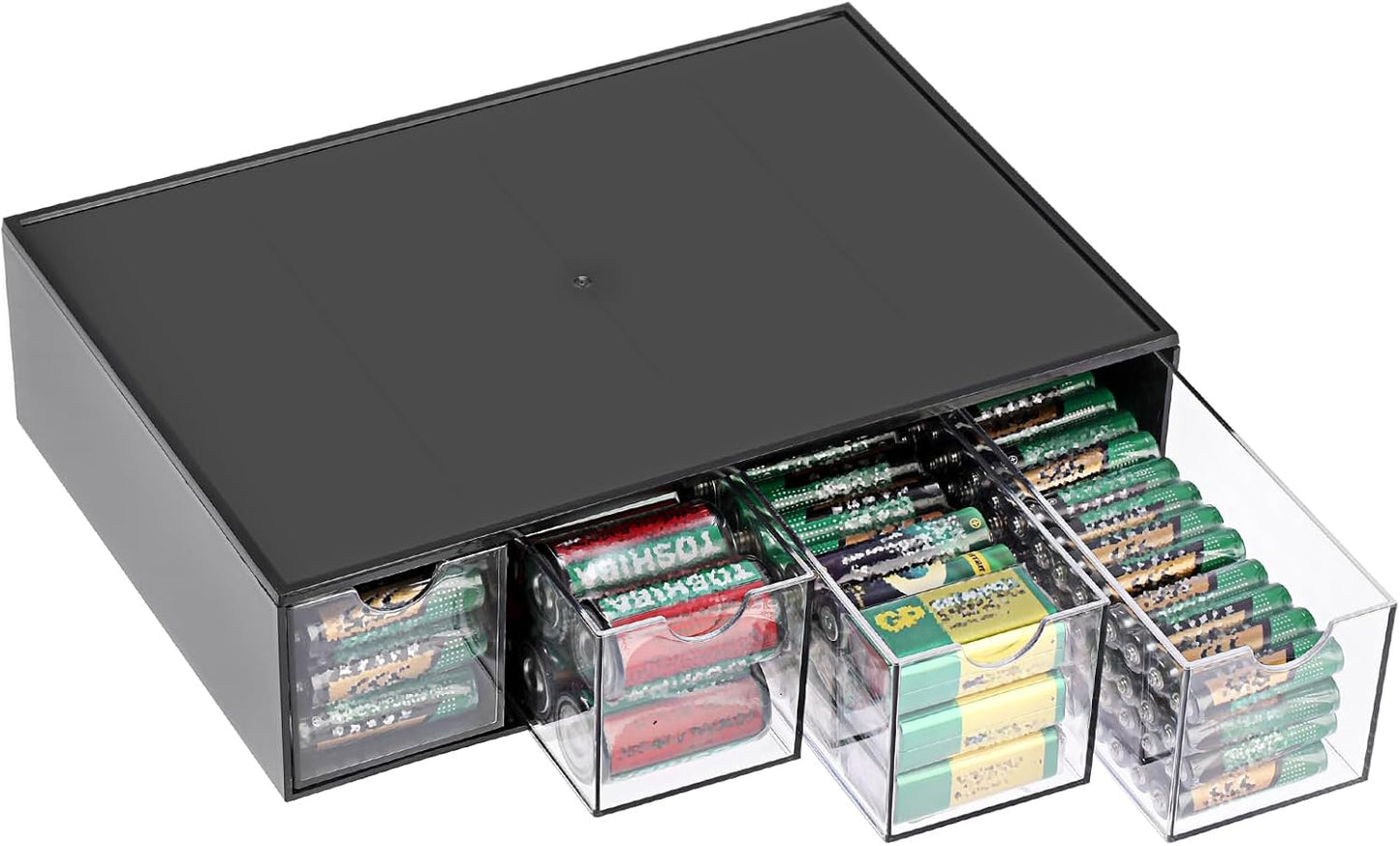 1 Pack 9V, 4-Drawer Common BTSKY Black Acrylic Battery Storage Organizer for AA, AAA, C Batteries, Storage Box Battery
