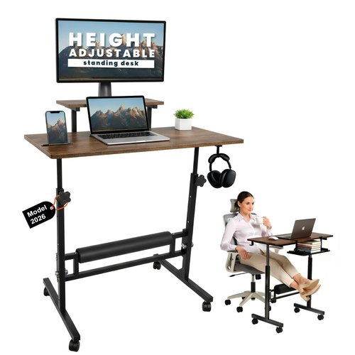 Model 2026 Adjustable Height Rolling Desk With Wheels Portable Compact Laptop Table Mobile Workstation For Study Office Small Space Standing Desk Ergonomic Writing Surface Modern Home Furniture Brown