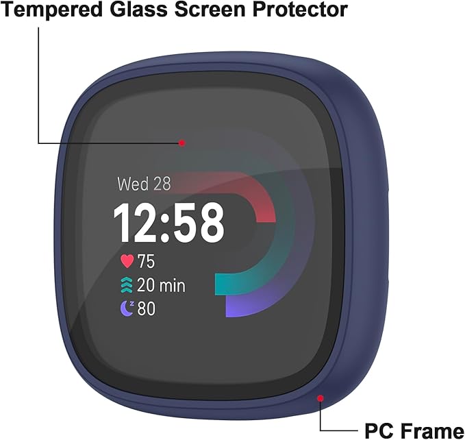Vancle Case for Fitbit Versa 4 / Fitbit Sense 2, 4-Pack Screen Protector Tempered Glass Full Around Hard PC Case with Sensitive Touch Film Protective for Fitbit Sense 2 / Versa 4(Black + Transparent + Navy Blue + Silver)