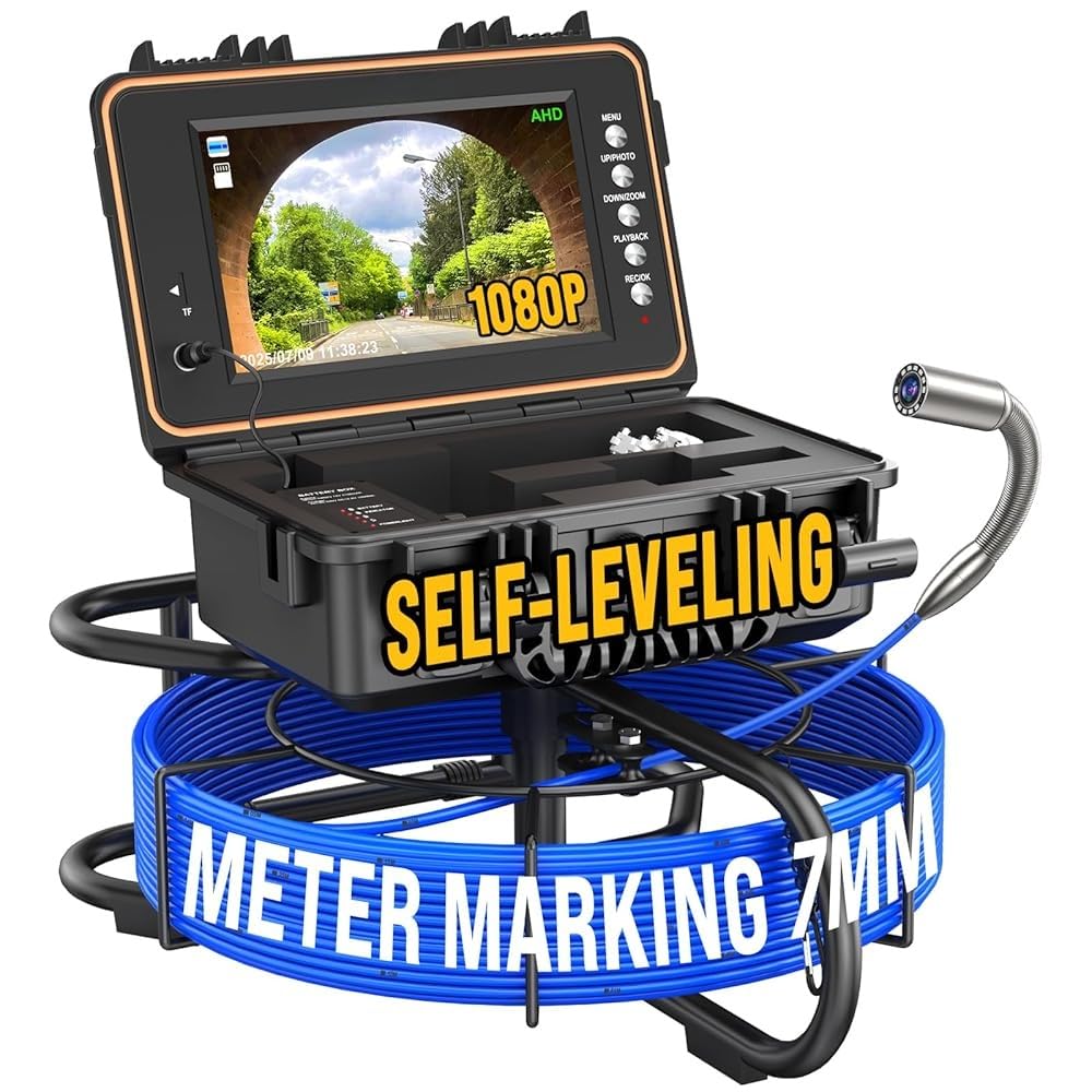 Sewer Camera 165FT, Self Leveling Drain Camera with Meter Counter, 7mm Thick Cable, 9" HD Screen 1080P Plumbing Cameras Snake with Light, 5100mAh Battery Duct Pipe Video Inspection Cam DVR 32GB