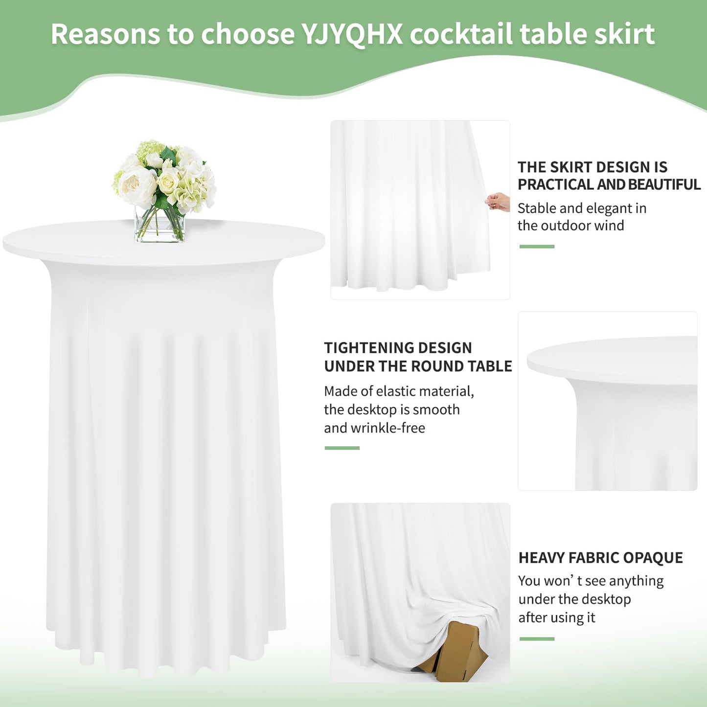YJYQHYX 6 Packs Round Cocktail Table Skirt 24"x 43" Spandex Stretch Cocktail Table Cloths with Wavy Skirt, Spandex Fitted High Top Table Covers for Wedding Party Birthday Banquet Table (White)