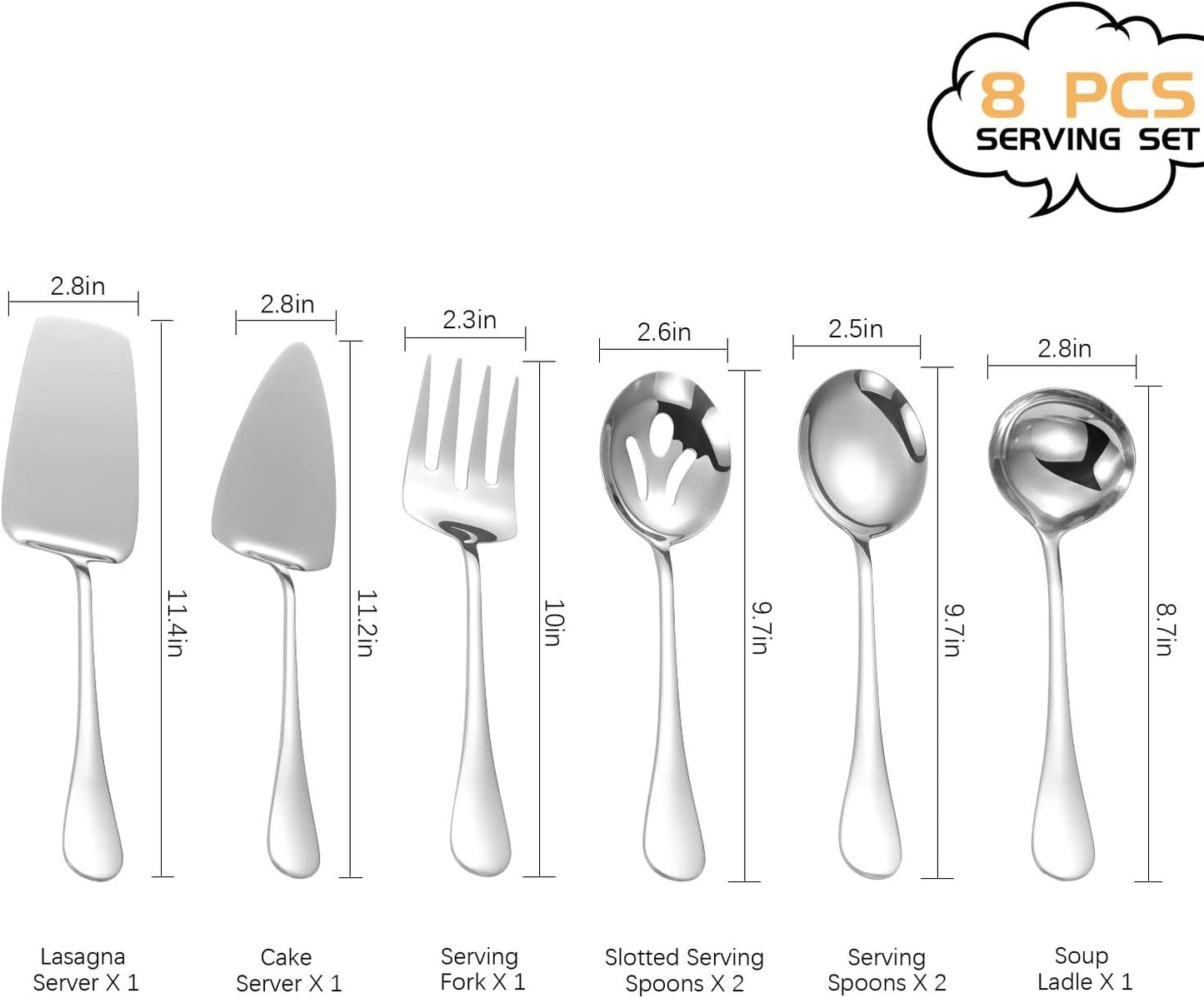 Polished Stainless Steel Serving Utensils Set - 8-Piece Buffet Serving Set with Spoons, Fork, Ladle & More