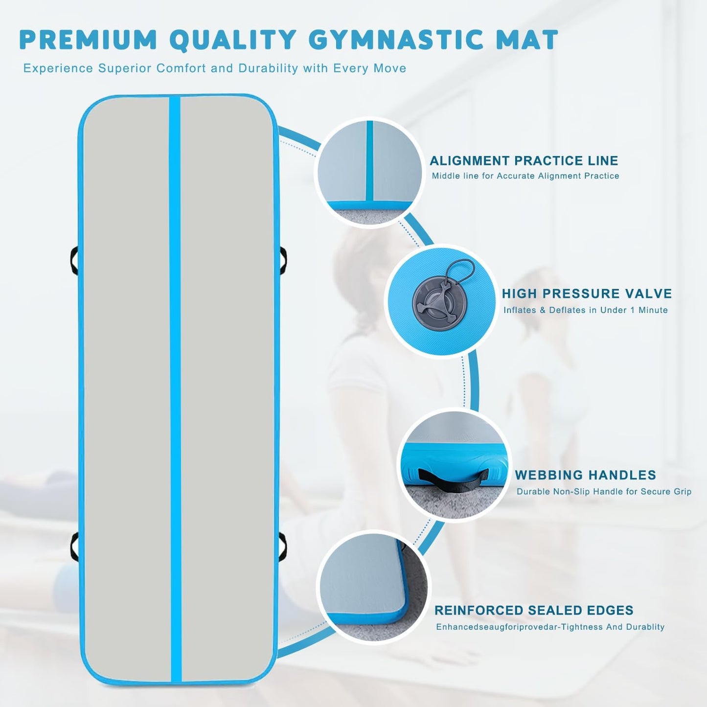 InflatoX Inflatable Air Gymnastics Mat Training mat Thick tumbling mat with Electric Pump for Home/Gym/Outdoor (Blue/Blue, 13.12ft*3.3ft*4in(4 * 1 * 0.1M))