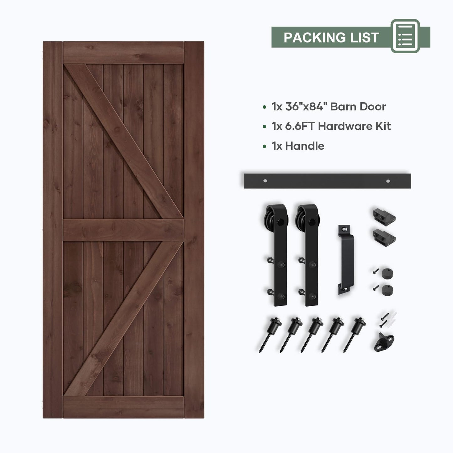 ROYMELO 36x84 inch Sliding Barn Wood Door Slab with 6.6ft Hardware Kit and Handle, Coffee, K Shape, Simple DIY Assembly