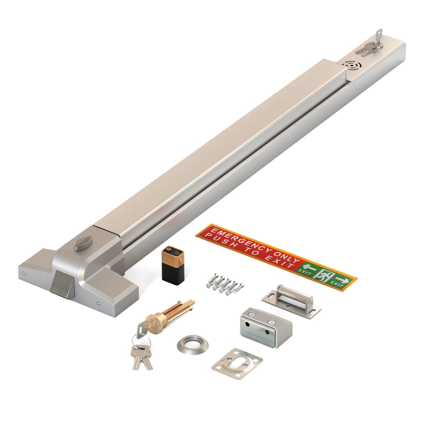 LANITI Hardware Push Bar Stainless Steel Commercial Emergency Exit Bar Panic Exit Device Suitable for Wood Metal Door Exterior Locking Lever Trim. (Lock Cylinder - with Alarm)