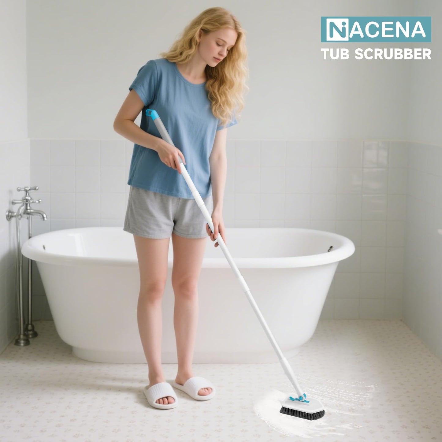 nacena Shower Scrubber with Long Handle, 3 in 1 Tile Tub Scrubber Brush with 3 Detachable Cleaning Heads Adjustable Handle Shower Cleaner Brush for Bathroom, Kitchen, Toilet, Wall, Sink, Blue White