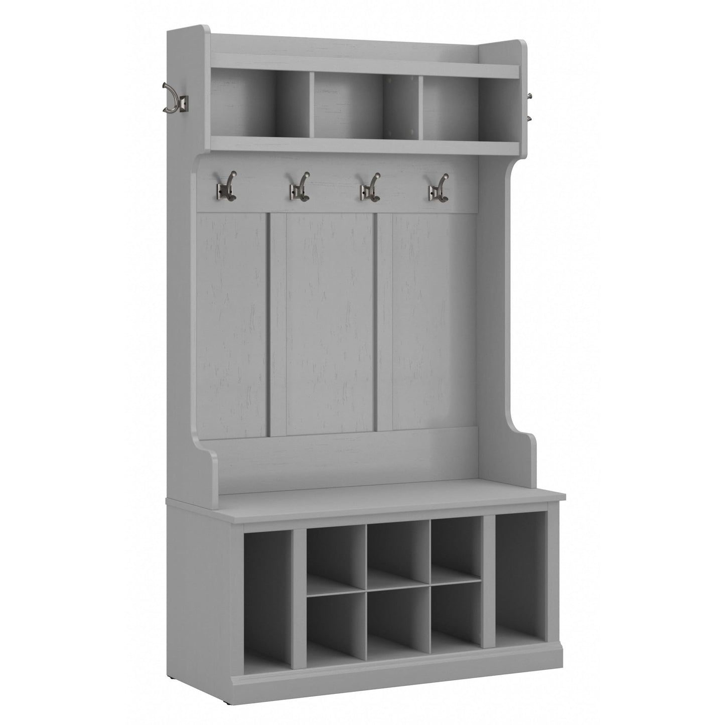 Bush Home Woodland 40W Hall Tree and Shoe Storage Bench with Shelves in Cape Cod Gray, Cubbies and Coat Hooks for Foyer, Mudroom, or Entryway
