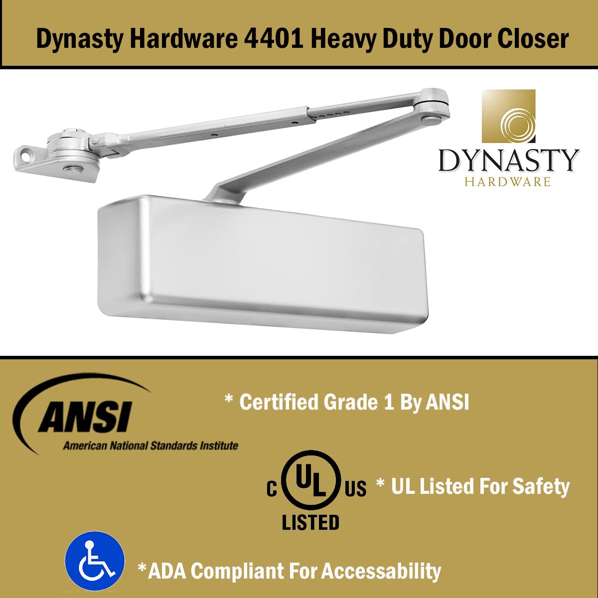 Dynasty Hardware Door Closer, Grade 1 Heavy Duty Commercial Hydraulic Closer & Hold Open Arm, Self-Closing, Adjustable Spring Size 1-6, ADA Compliant, Surface Mount, Sprayed Aluminum, Series 4401