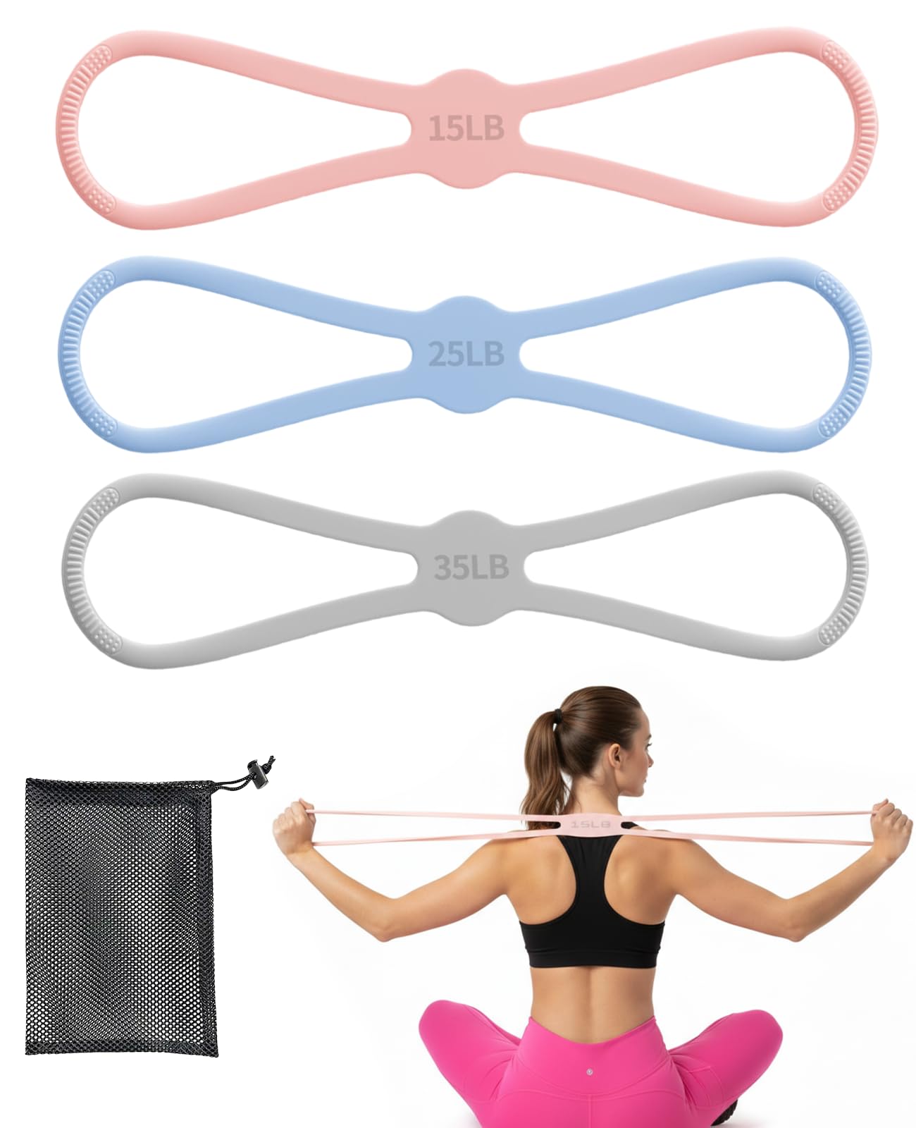 DAWZMR 3 PCS Figure 8 Resistance Bands for Women, 15 Lbs & 25 Lbs & 35 Lbs Keep Resistance Band for Arm with Non-Slip Handles