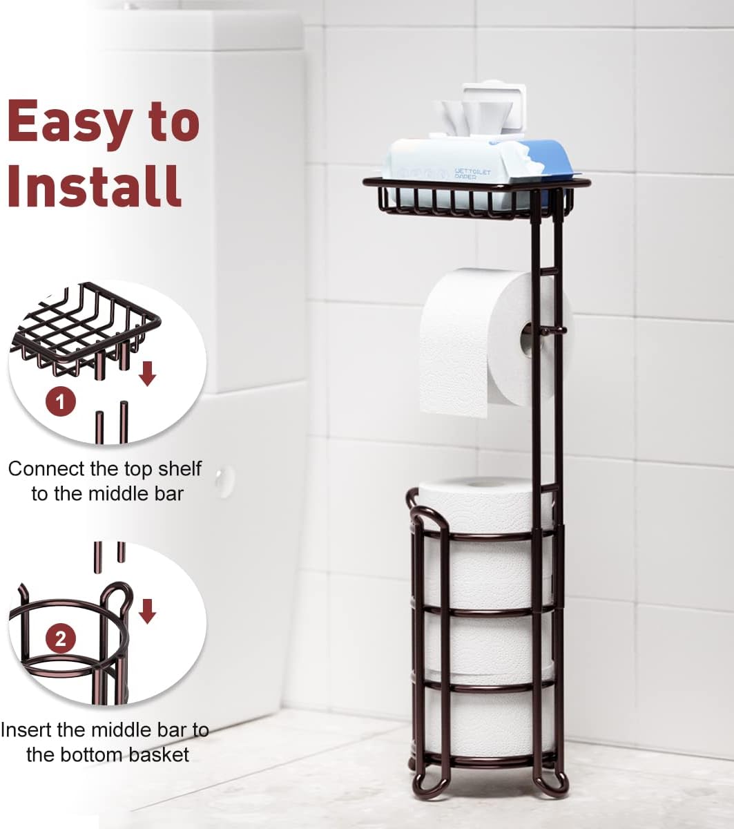Regine Switzerland Toilet Paper Holder Stand - Stylish Tissue Roll Dispenser with Shelf | Bronze Finish