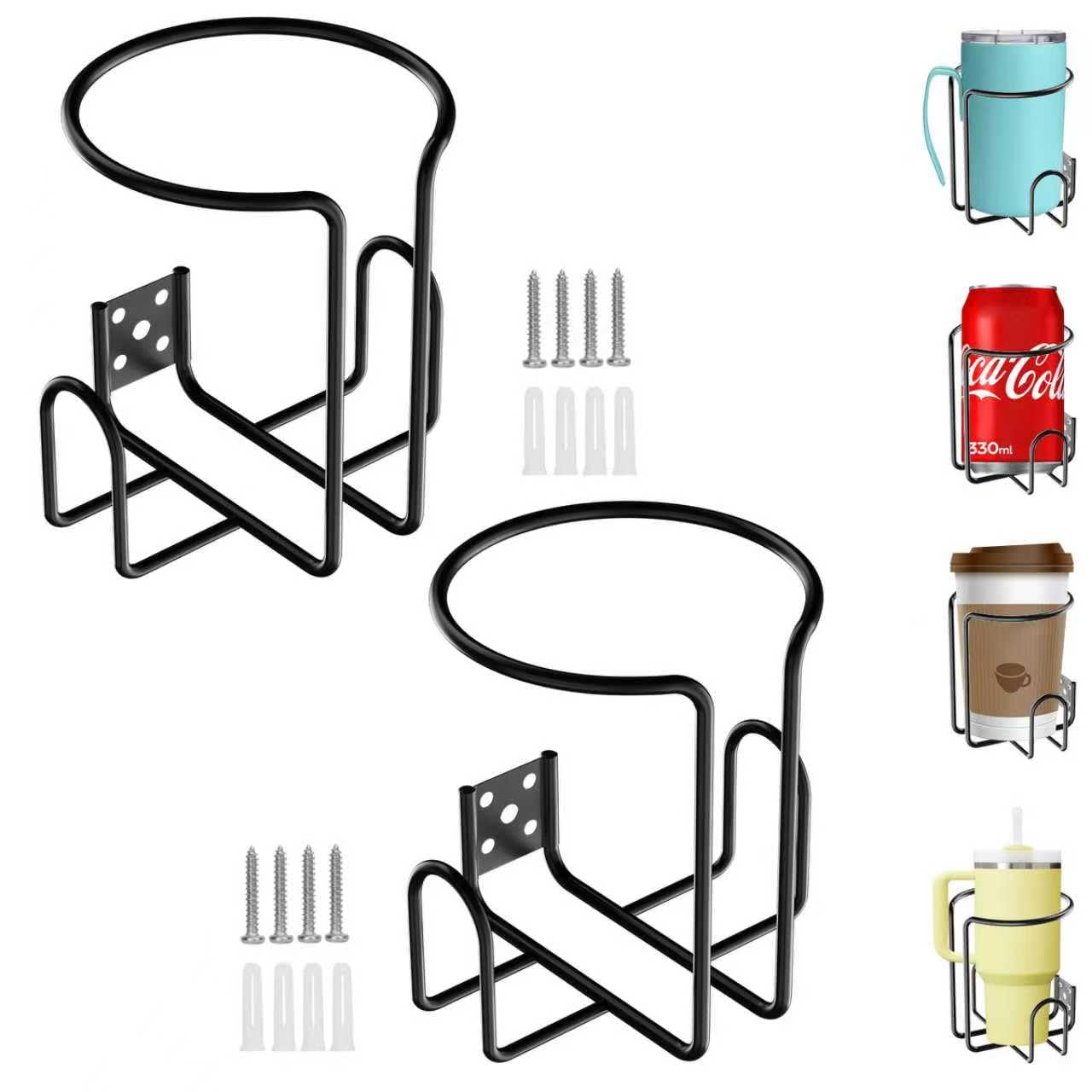 ZMHH Wall Mount Cup Holder,Stainless Steel Universal Drilling Hole Drinking Holder,Coating Ring Bottle Mug Cans Holder for Wallside/Railing/Board/Guardrail/Shelf/Rack, 2 Pack Black