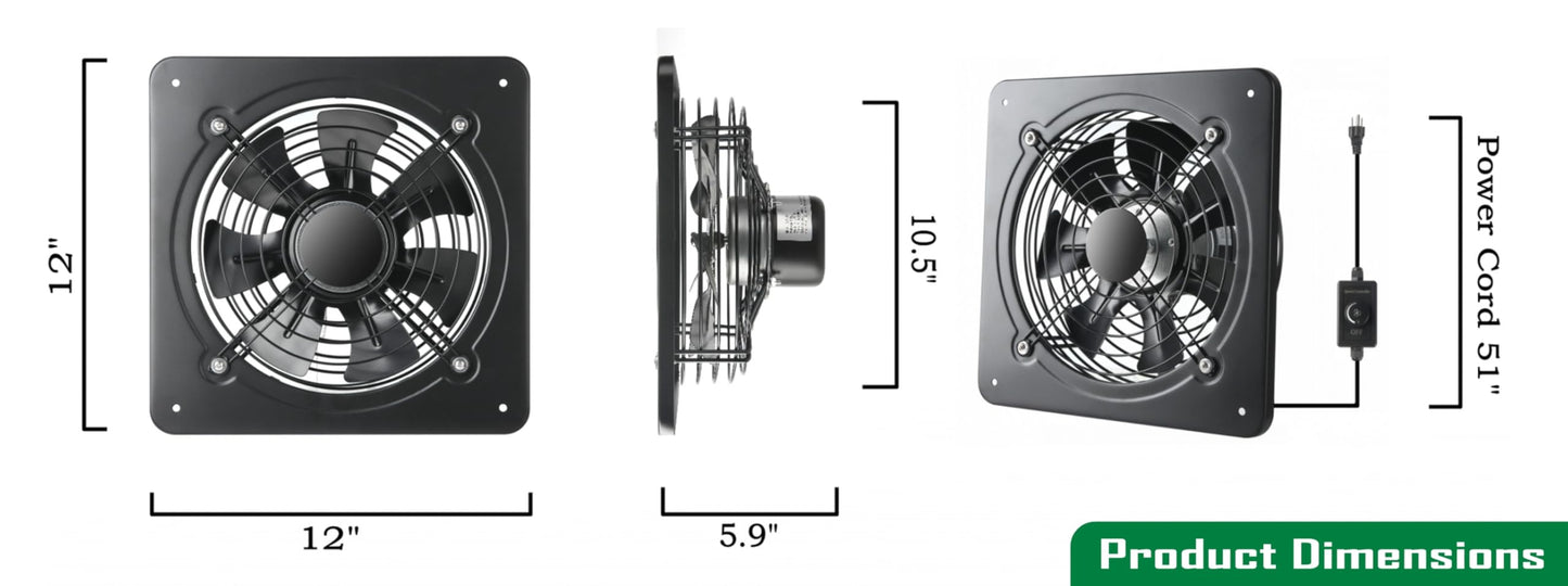 12 Inch Window Exhaust Wall Mounted Ventilation Basement Extractor Industrial Fan 720 CFM High-Speed1460 RPM Industrial Fan for Home Garage Office Commercial Use (12 Inch+Speed Control)