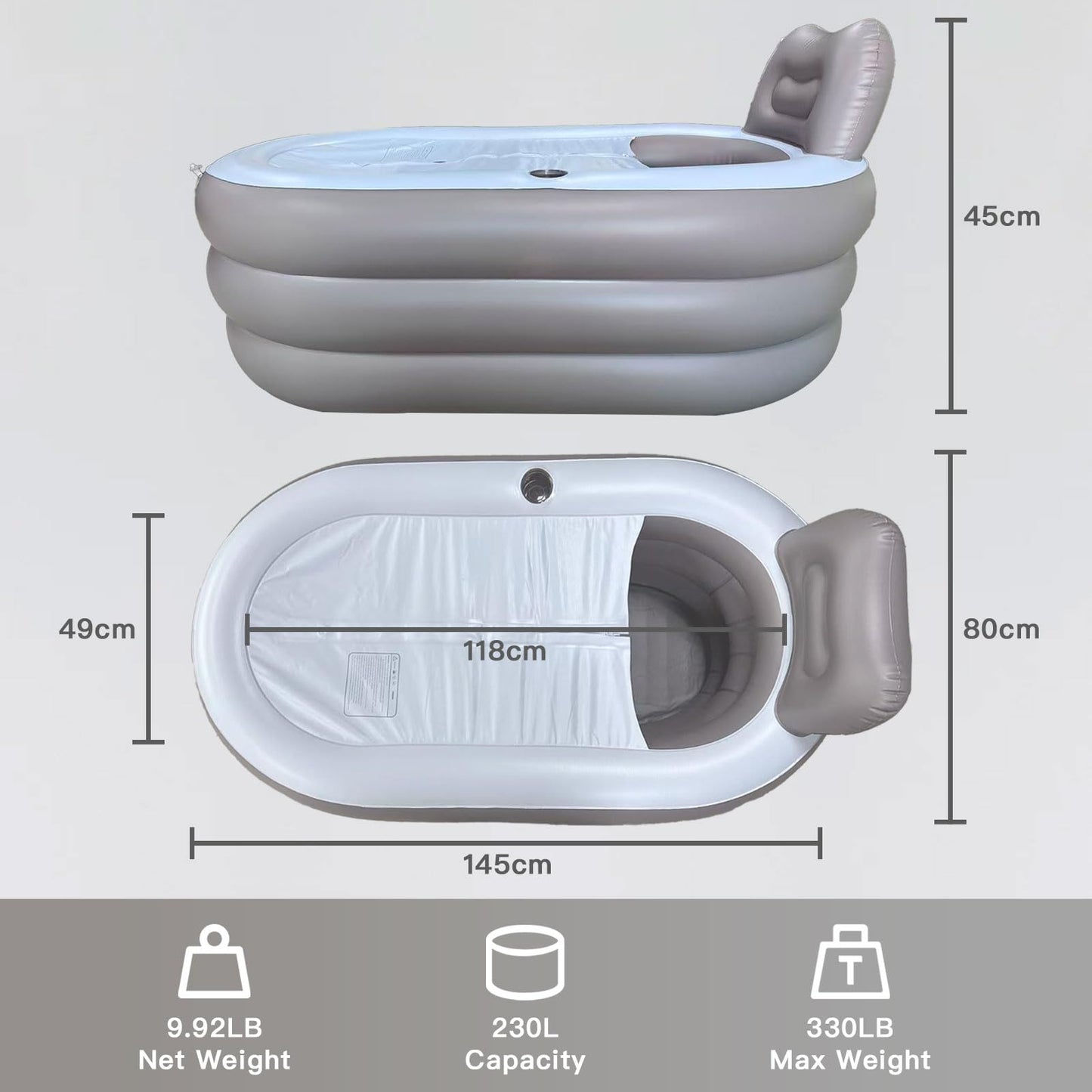 B&Y Portable Adult Soaking Bathtub, Ice Bath Tub Family Home Spa Tub with Zipper Cover, Designed with Headrest, Cup Holder (Air Pump Included) (Oval-145x80x45cm (without Machine))