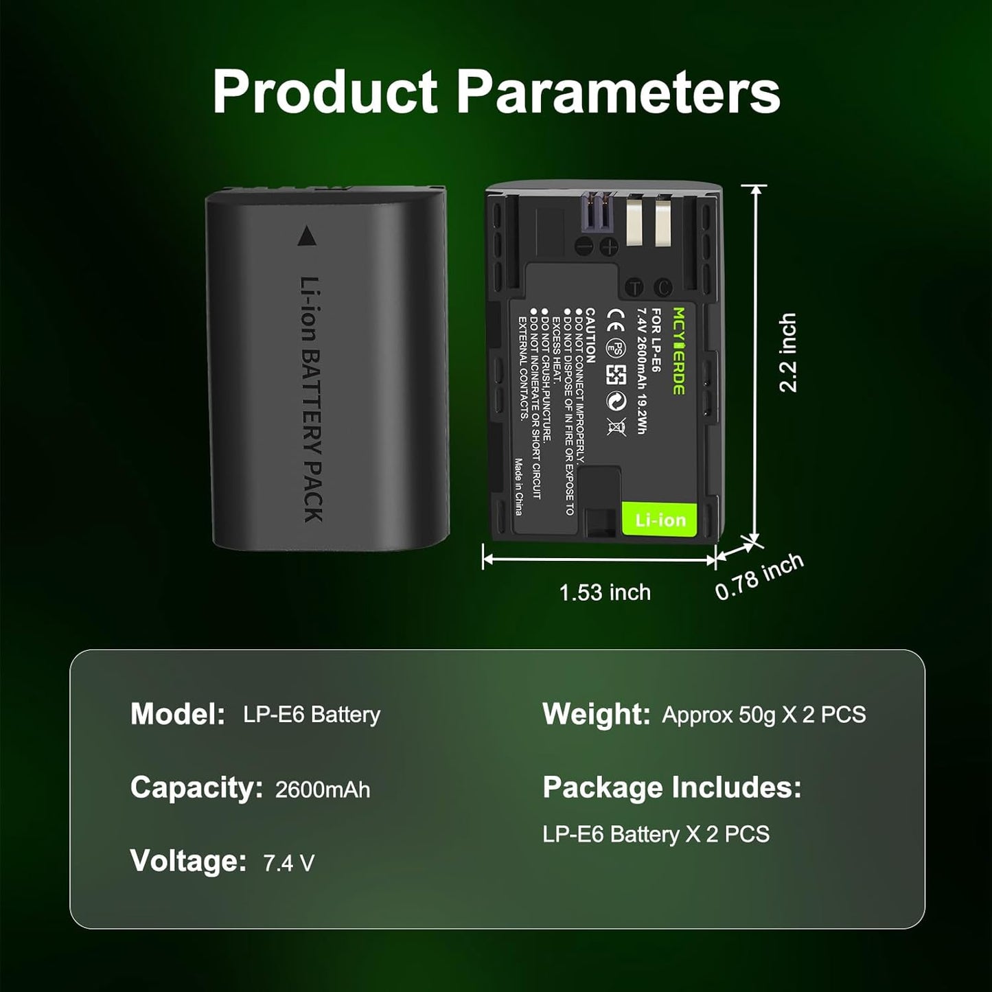 MCYIERDE 2-Pack LP-E6 LP-E6N 60D 70D 80D 90D 5D 5DS 6D R5 C700 XC10 XC15 Replacement Batteries Compatible with Canon
