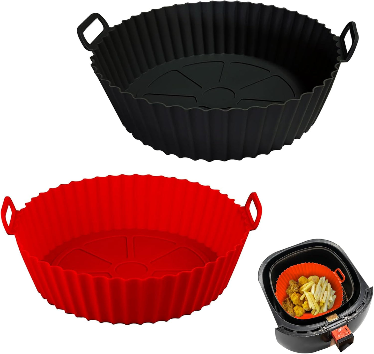 Skiennix Air Fryer Silicone Liners - Reusable 8-Inch Baking Tray for 3 to 5 Qt Ovens | Red & Black
