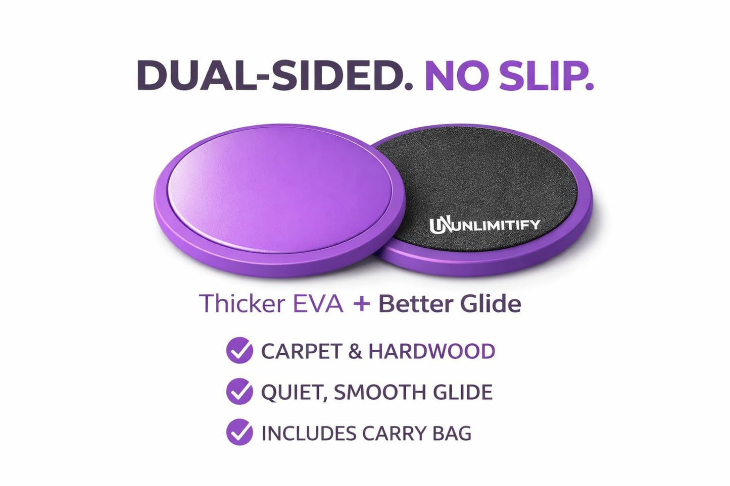 UNLIMITIFY Core Sliders for Carpet & Hard Floors – Dual-Sided Exercise Discs for Home Workouts, Pilates & Ab Training, Smooth & Carpet Gliding Design with Storage Bag (Purple)