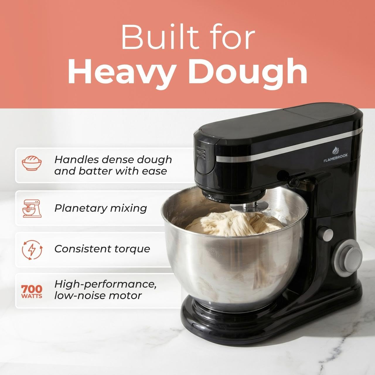Flamebrook ProMix 1000 Stand Mixer, 700W Tilt-Head Kitchen Mixer with 6.3-Qt Stainless Steel Bowl, 6-Speed Control, Dough Hook, Flat Beater & Whisk, Planetary Mixing Action, Black