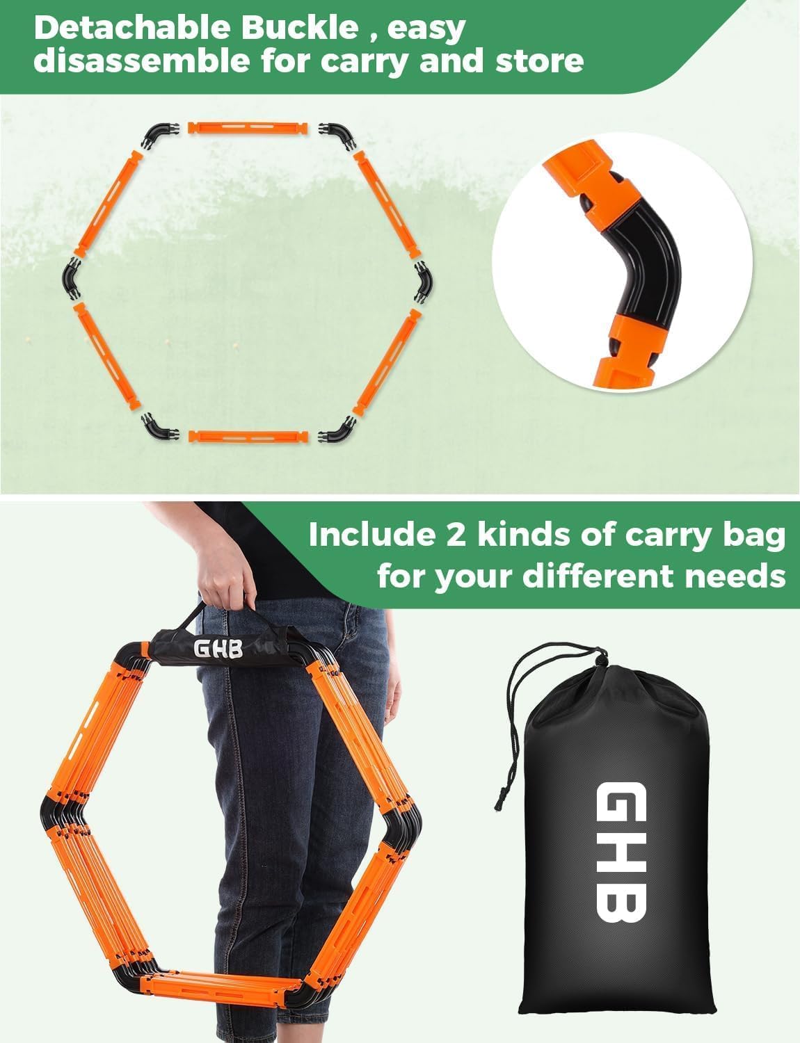 GHB Hex Agility Rings Speed Rings with Carrying Bag 6 Set Portable Hexagon Rings, Agility Ladder for Agility Footwork Training (Orange)