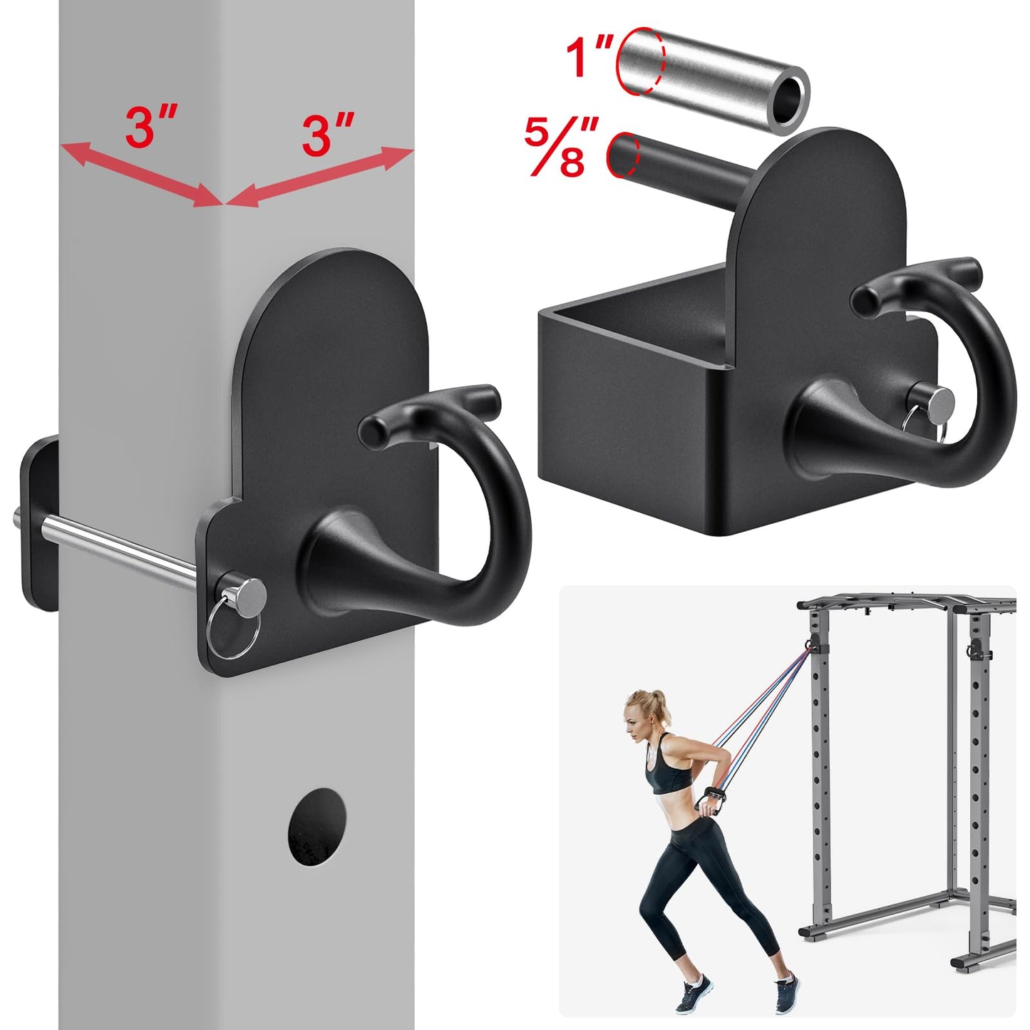 Kipika Anchor for Resistance Bands Fits 3" x 3" Power Rack with 5/8" or 1" Hole - Heavy Duty Steel Hooks with Rubber Pads for Home Gym Workouts, Strength Training,and Physical Therapy Exercise, 2 Pack