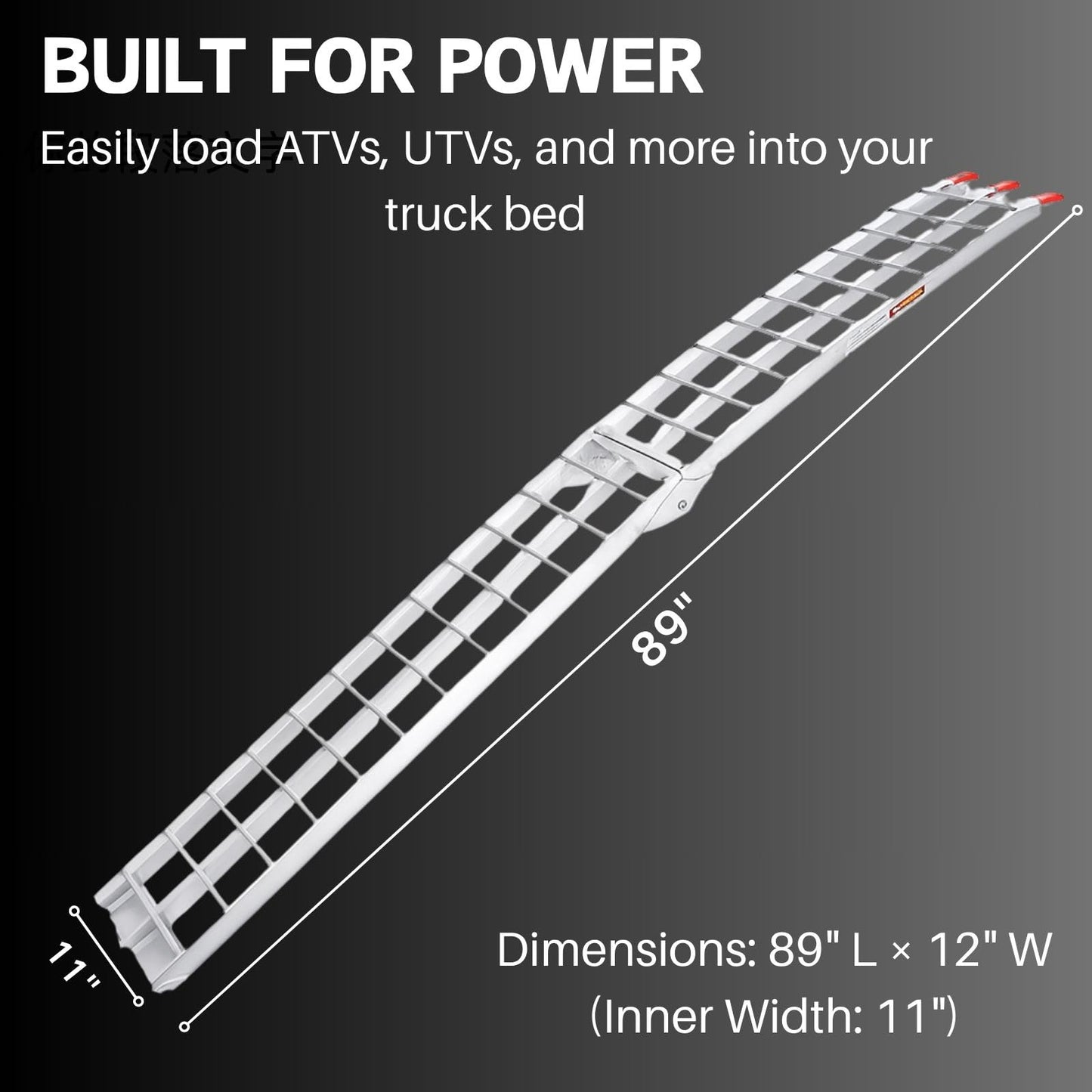 ATV Ramps for Pickup Trucks, 7.5 ft Folding Aluminum Truck Ramps 2 Pack, Crossbar Rungs Traction, Rubber-Tipped Fingers, Load Straps Included, 1,500 lb per Pair (750 Each), 89 x 12 in