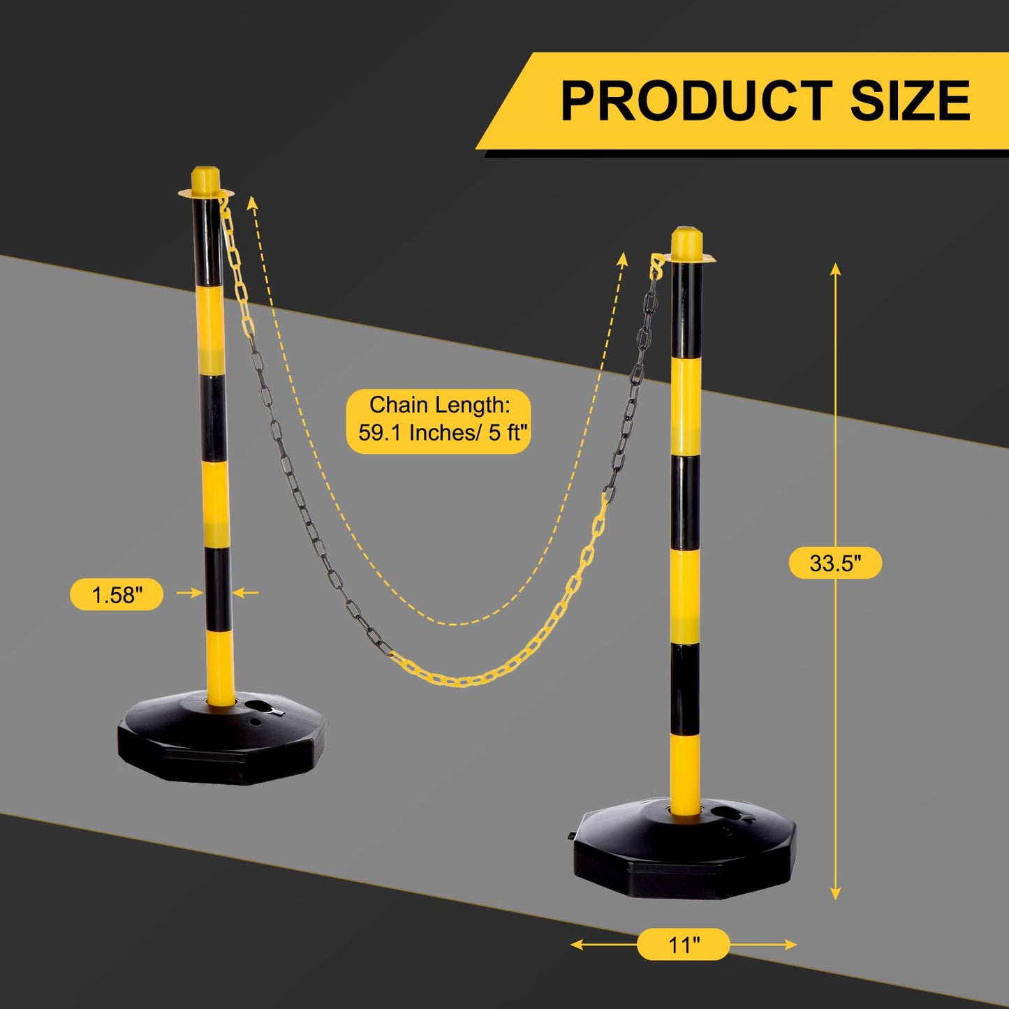 PATIKIL 6Pcs Traffic Delineator Post Barrier with Fillable Base, 5ft Plastic Chain Safety Barriers for Outdoor Indoor Crowd Control Stanchion Construction Parking Lot, Black/Yellow