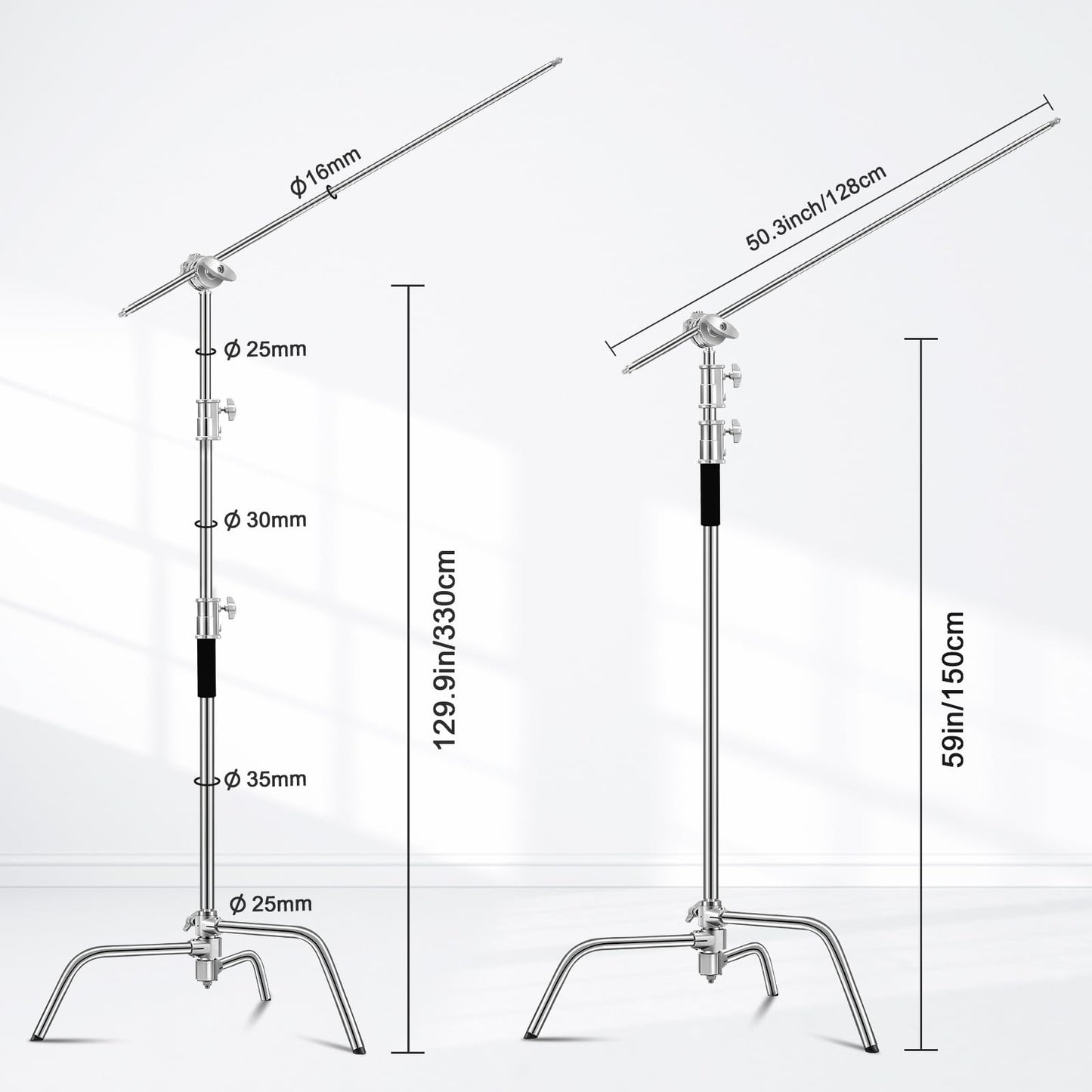 Heavy Duty C Stand 10.8ft/330cm with Boom Arm 100% Stainless Steel Photography Sturdy C-Stand with Carry Bag Sandbag 3*Clip 2*Grip Head for Photography Studio Video Monolight Softbox Shooting