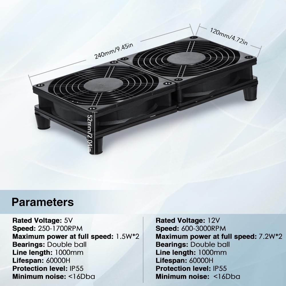 xiaoqijia 120mm 10-Speed IPX5 5V 12V Dual Adjustable Cooling Case Fan for Receiver DVR Xbox TV Box Router USB/DC Power
