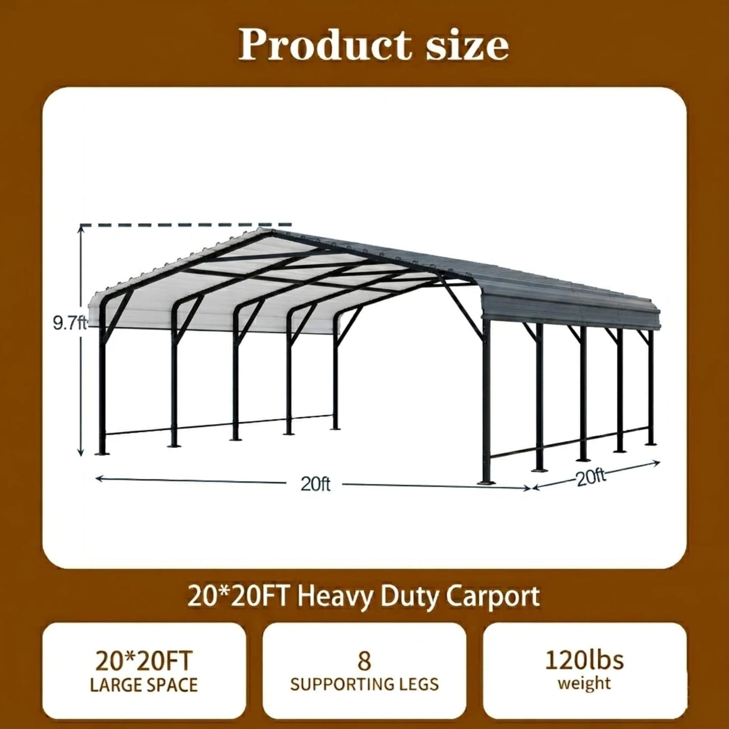 12x20 FT Heavy Duty Metal Carport, All-Weather Outdoor Vehicle Shelter with Steel Roof & Reinforced Frame, Permanent Car Canopy for Trucks, SUVs, Boats & Garden Storage, Gray