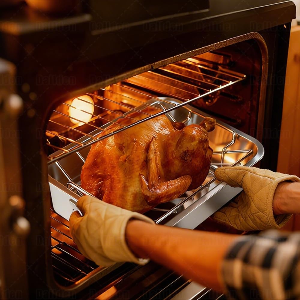 Roasting Pan Kit 15.5x11.5 Inch, Stainless Steel Turkey Roaster Baking Pan for Ovens-Heavy Duty Turkey Roaster V Rack & Cooling Rack, Deep Broiling Pan for Thanksgiving Christmas,Dishwasher Safe