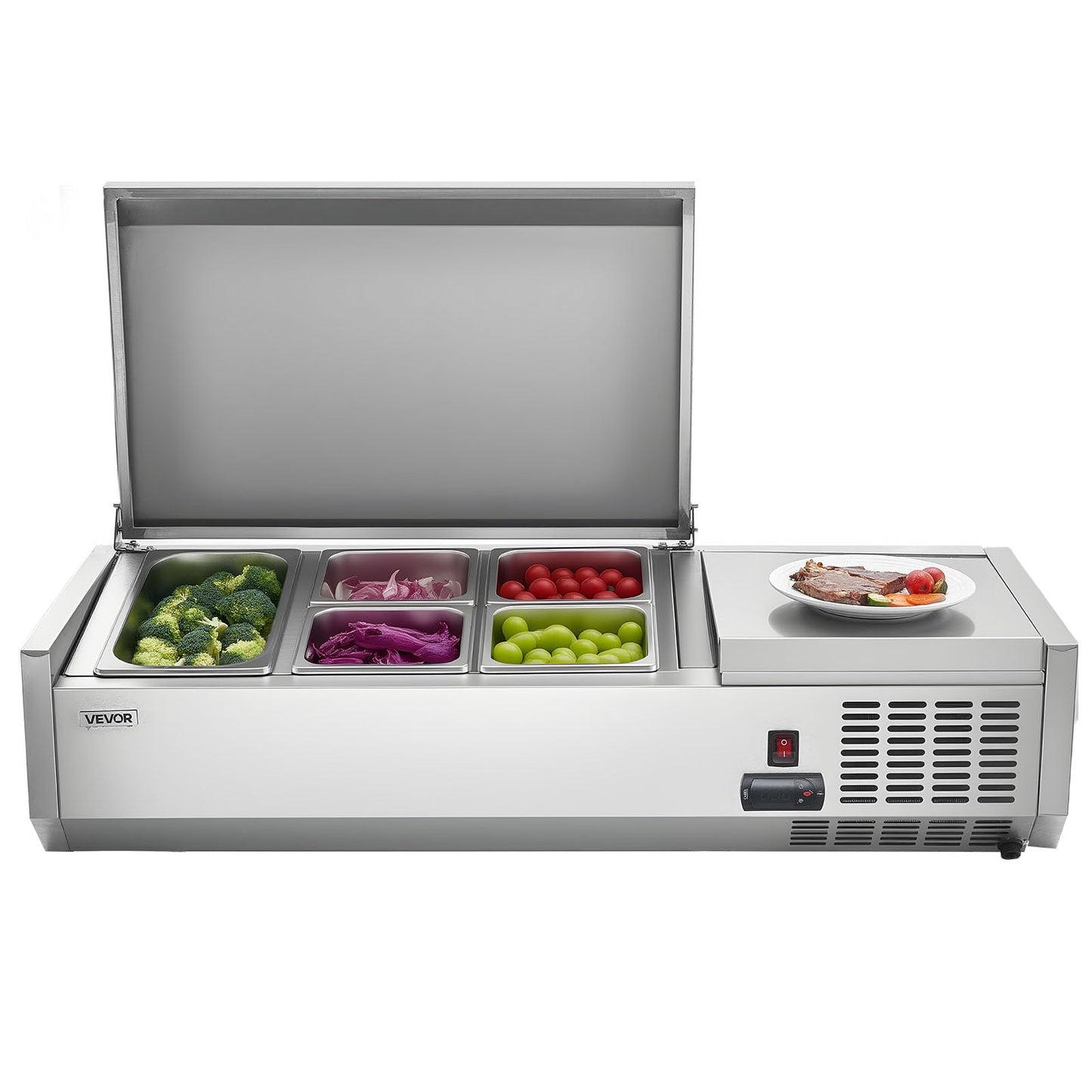 VEVOR Refrigerated Condiment Prep Station, 120 W Countertop Refrigerated Condiment Station, with One 1/3 Pan & Four 1/6 Pans, 304 Stainless Body and PC Lid, Sandwich Prep Table with Stainless Guard