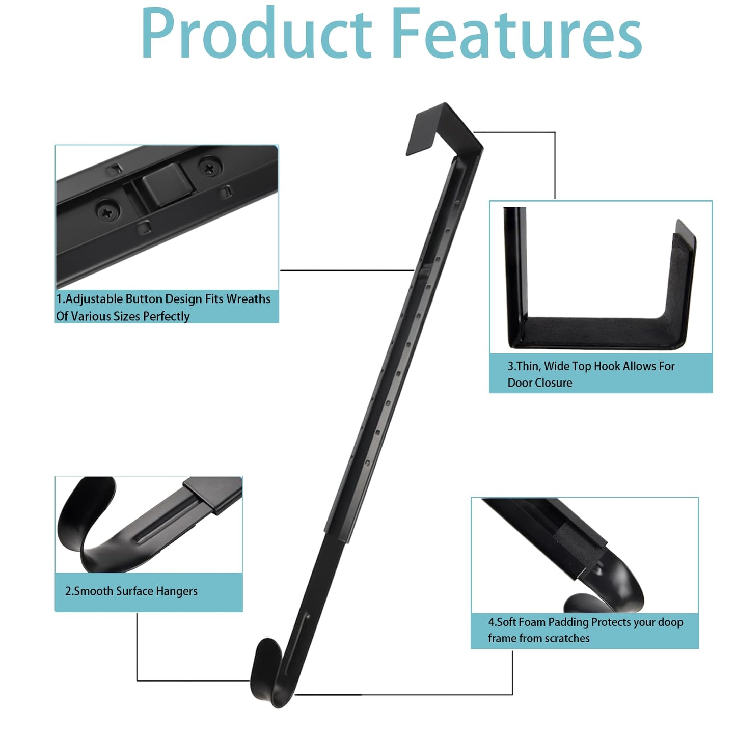 TWEJMZU Over The Door Hooks with Shock Absorber Pads, 4-Pack Adjustable Heavy Duty Long Door Hooks for Hanging from 15-25 Inch, No Drill Towel Hook, Coat Rack for Bathroom Door, Bedroom, Entryway