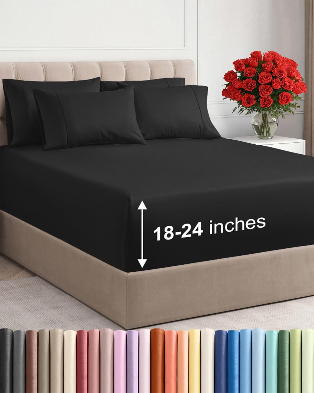 Skiennix Extra Deep King Sheet Set | 6-Piece Breathable Cooling Bedding - Luxurious, Soft, Wrinkle-Free - Black