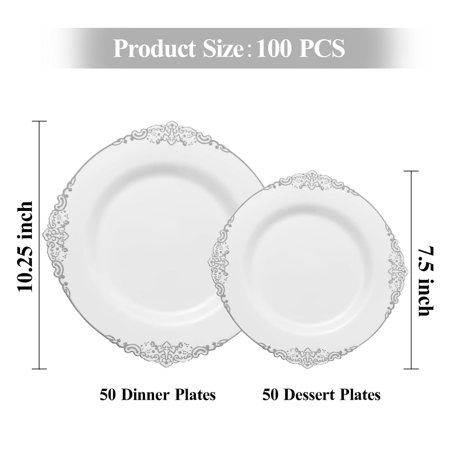 Bestluck 100 PCS White and Silver Plastic Plates for 50 Guests, Rose Gold Disposable Plates Include 50 PCS Dinner Plates, 50 PCS Dessert Plates for Party, Wedding and Baby Shower