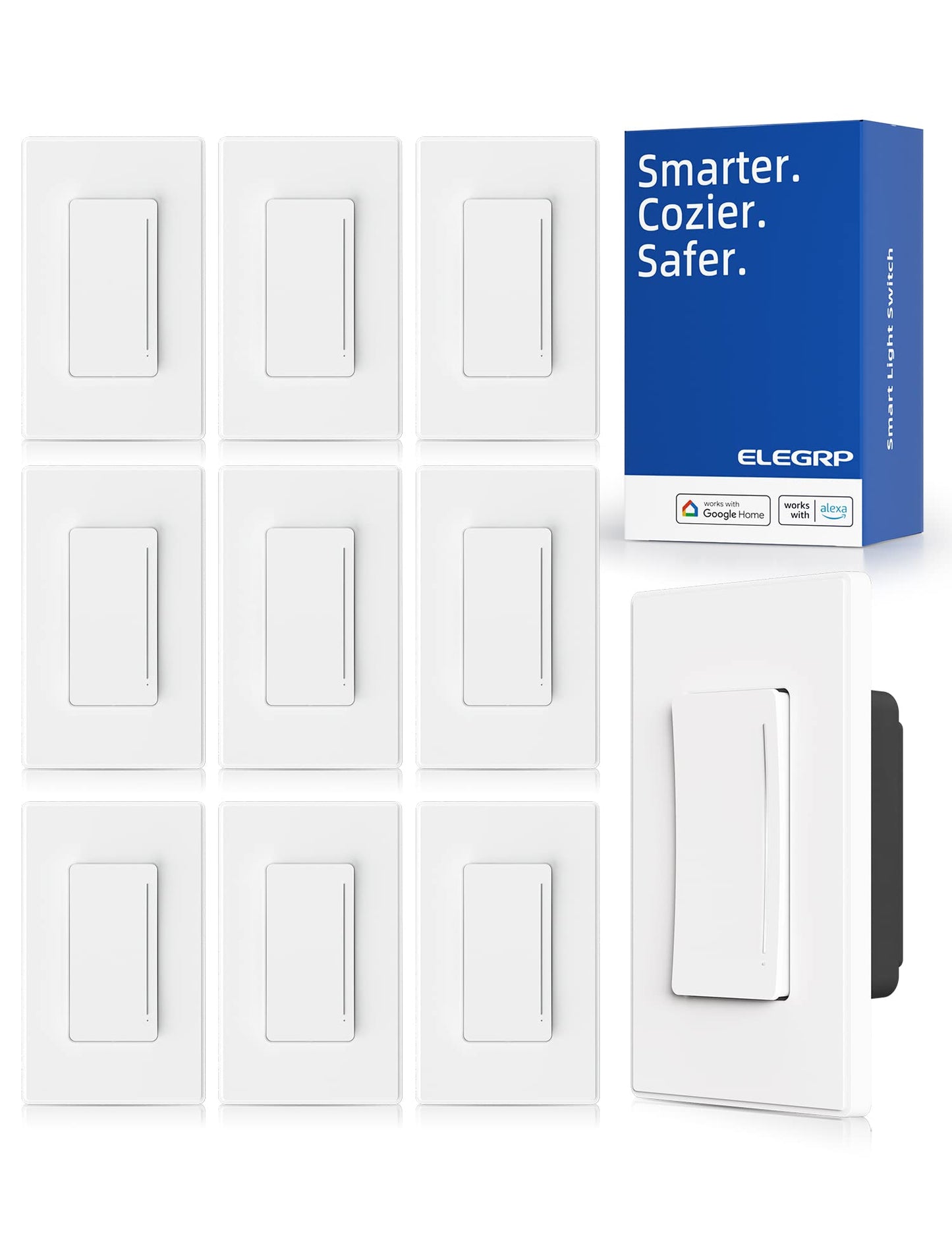 ELEGRP Smart Dimmer Light Switch DTR10, Single Pole Setup, 2.4GHz Wi-Fi Touch Dimmer Compatible with Alexa/Google Assistant, Needs Neutral Wire, No Hub Required, UL Listed, Matte White, 10 Pack