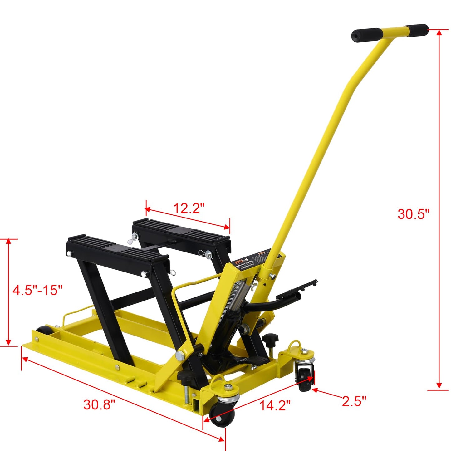 SPOFLYINN Hydraulic Motorcycle Lift Jack Foot-Operated Motorcycle Lift Table with 4 Wheels 1500 LBS Capacity 4.5" - 15" Lifting Range Yellow