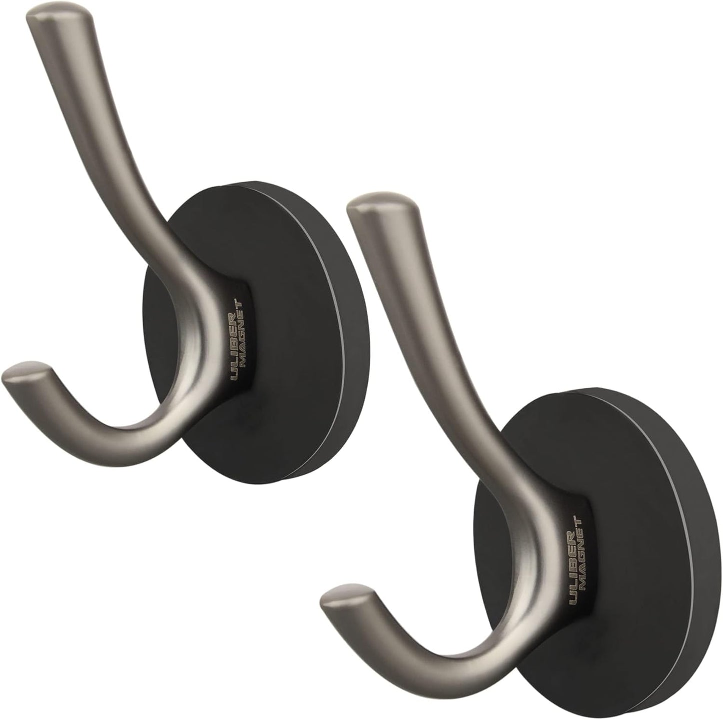 ULIBERMAGNET Strong Magnetic Double Hooks - Heavy Duty Coat Hangers, 2 Pack, Brushed Nickel Finish